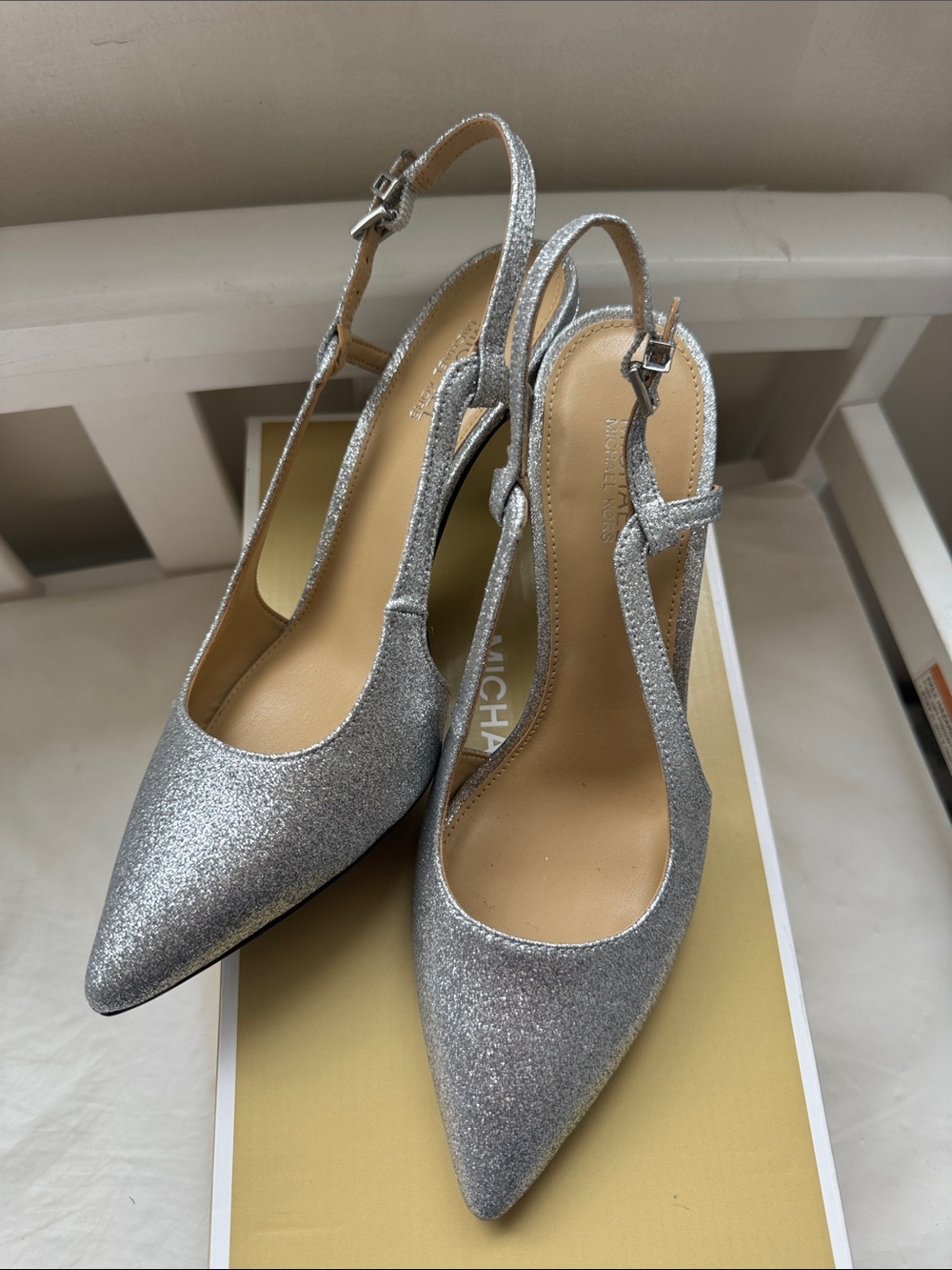Women’s MICHAEL Michael Kors Silver Glitter Pointed Slingback Heels with box
